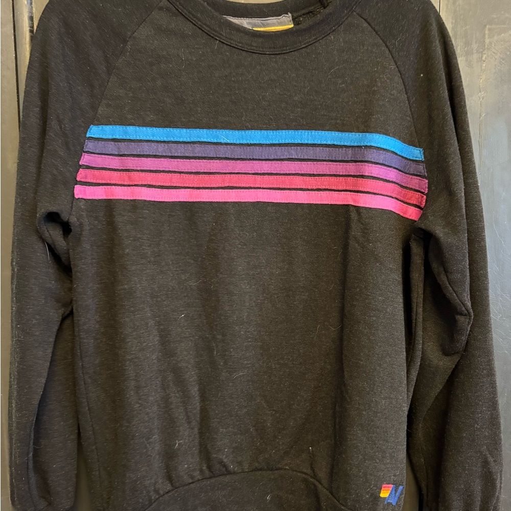 Aviator Nation Black Crewneck with Blue and Pink Stripes